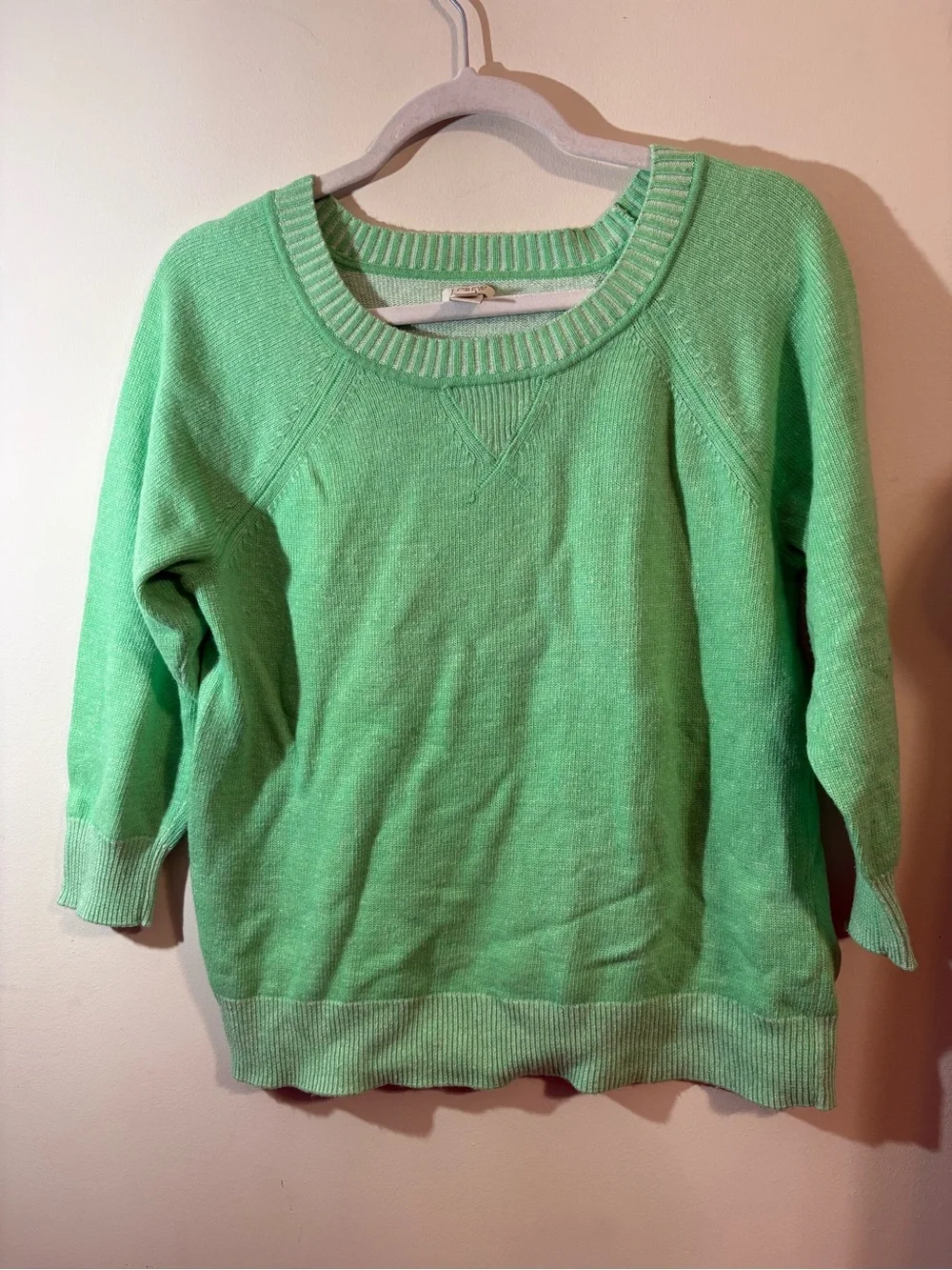 J.Crew sweater women’s large scoop neckline ribbing 3/4 sleeve LT green Pullover